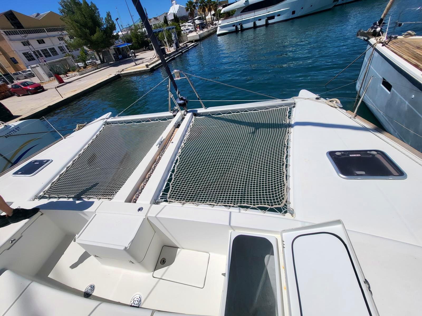 Bow trampolines and nets on Chardonnay catamaran