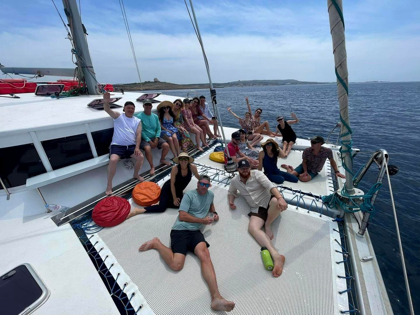 Guests relaxing on La Zingara bow trampolines